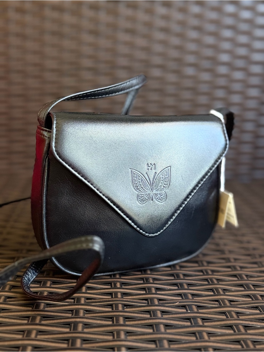 Hanae Mori Black Leather Butterfly Crossbody Bag NWT